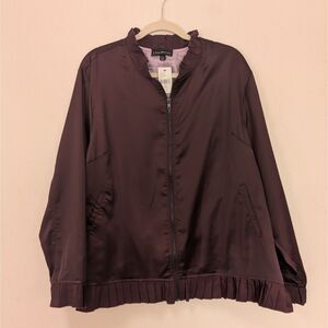 Lane Bryant Womens Jacket Size 22/24 Ruffle Trim Satin Bomber Pockets Merlot NWT